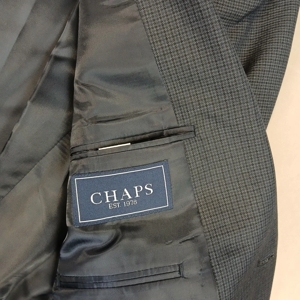 Chaps 44L Mens Sport Coat Jacket‎ Houndstooth Blue Rayon Polyester
